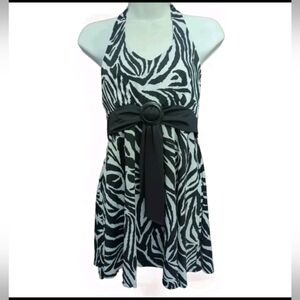 Womens V-Neck Halter Top Black/ White Zebra Design Belted Size 12